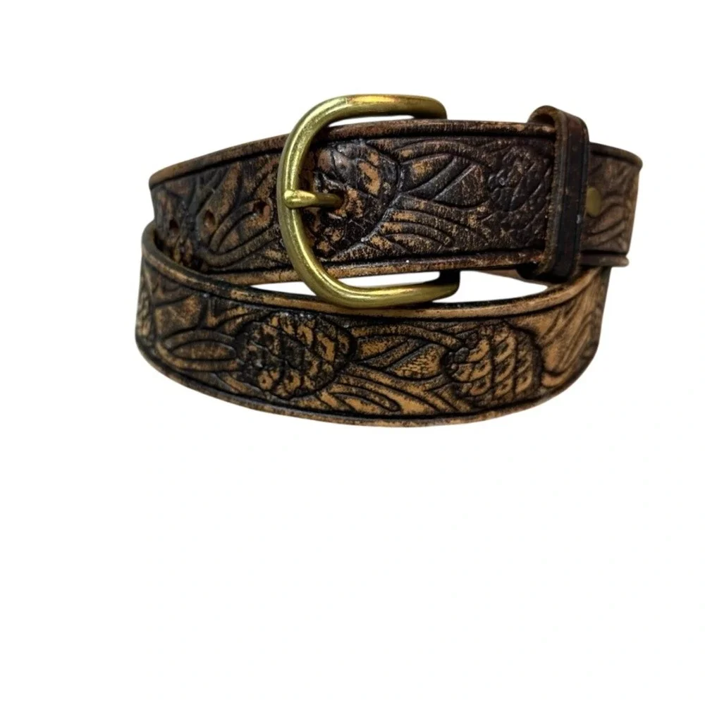 Vintage Hand Tooled Leather Belt Brown Western Floral Pineapple Size 36 Brass